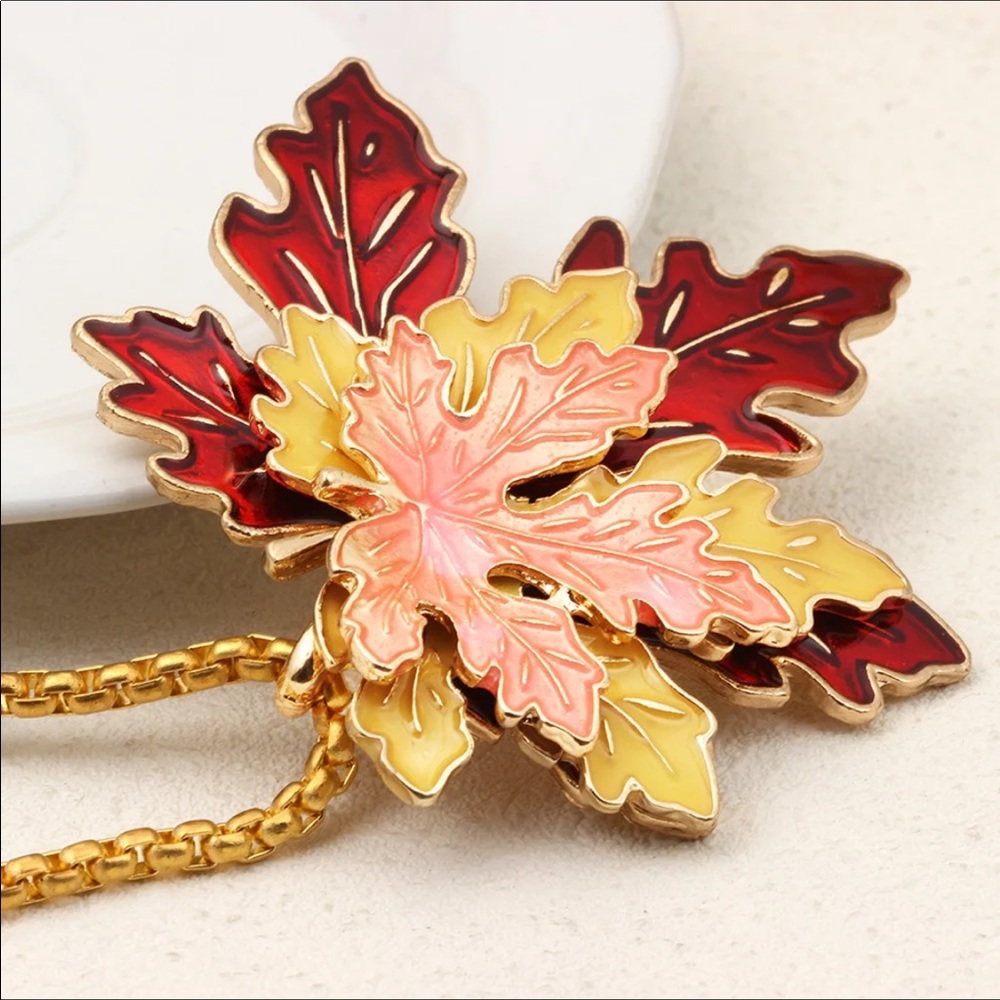 Orange Red Yellow Fall Colored Maple Leaves Necklace 🍁